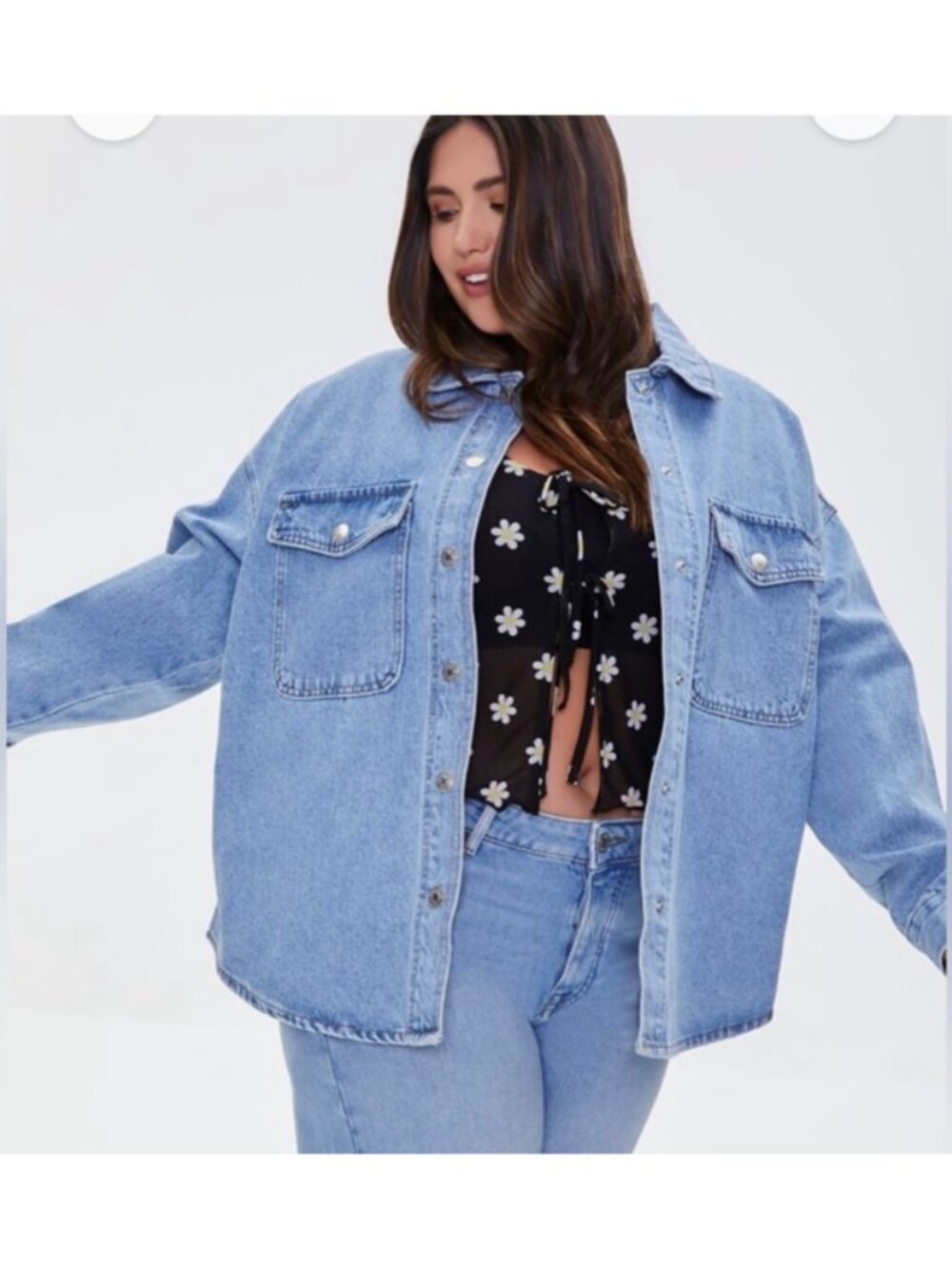 Forever 21+ Plus Size 1X Oversized Denim Shacket Jacket Blue